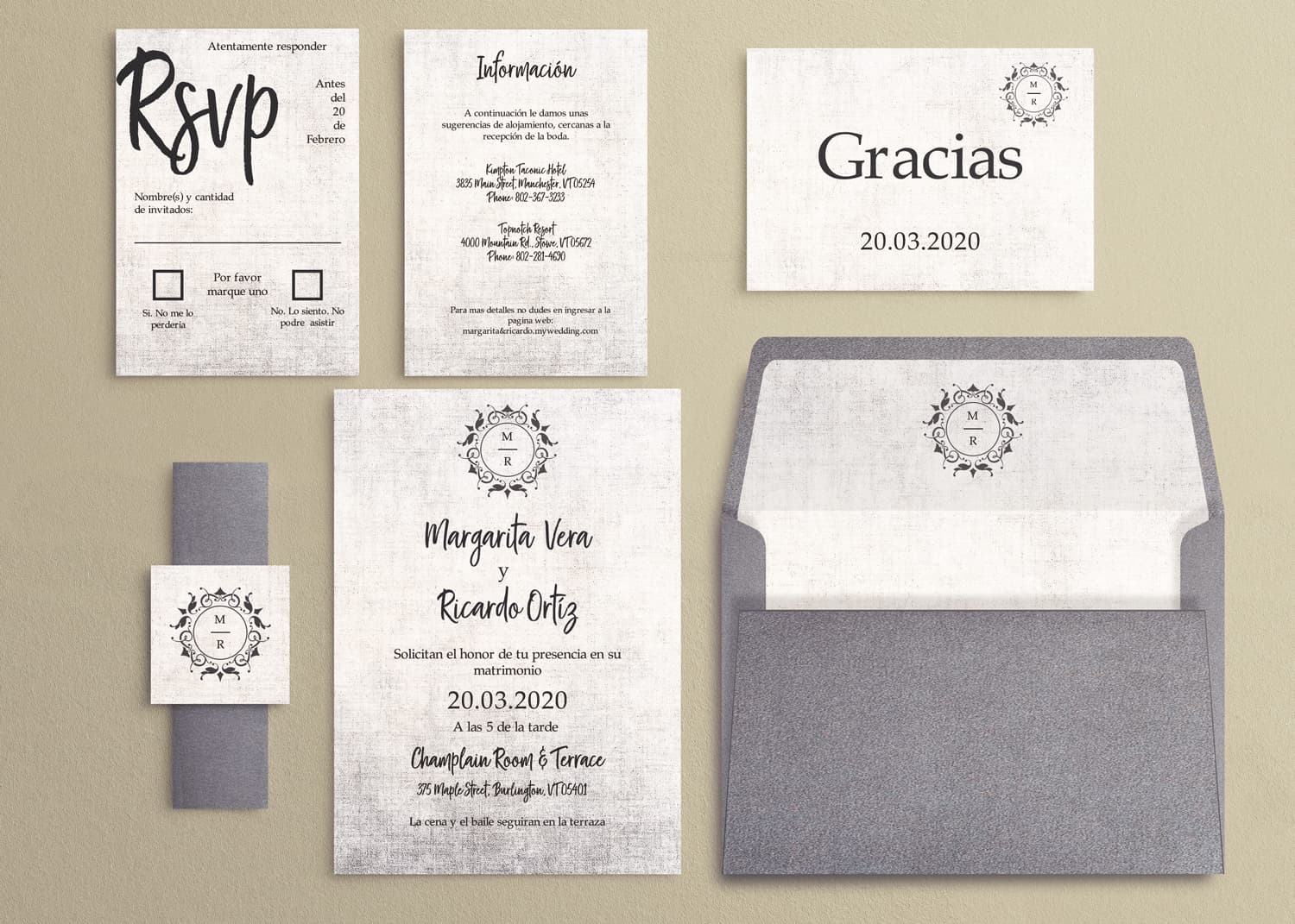Rustic Silver Spanish & English Elegant Wedding Invitation