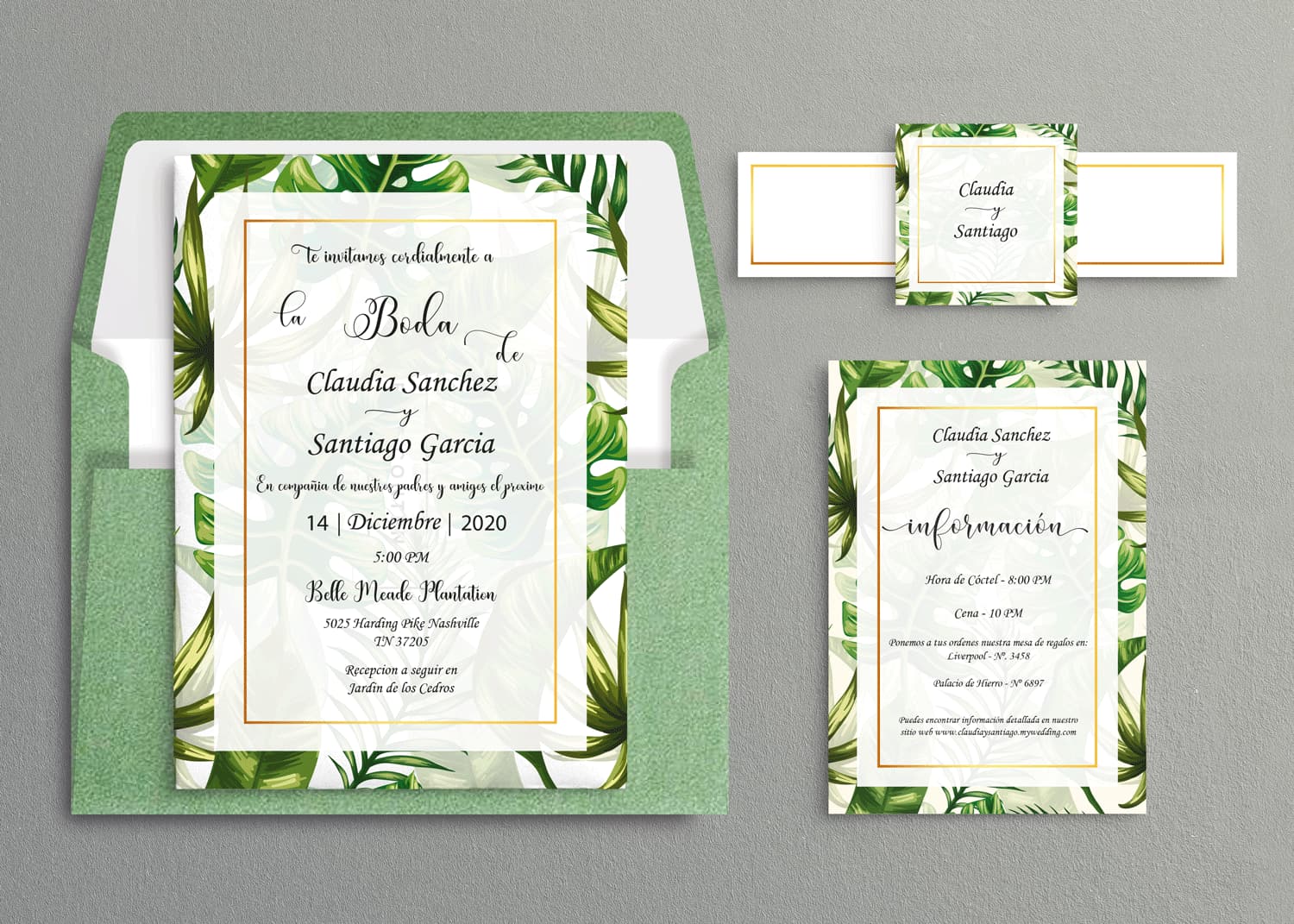 Tropical Calligraphy Spanish & English Elegant Wedding Invitation