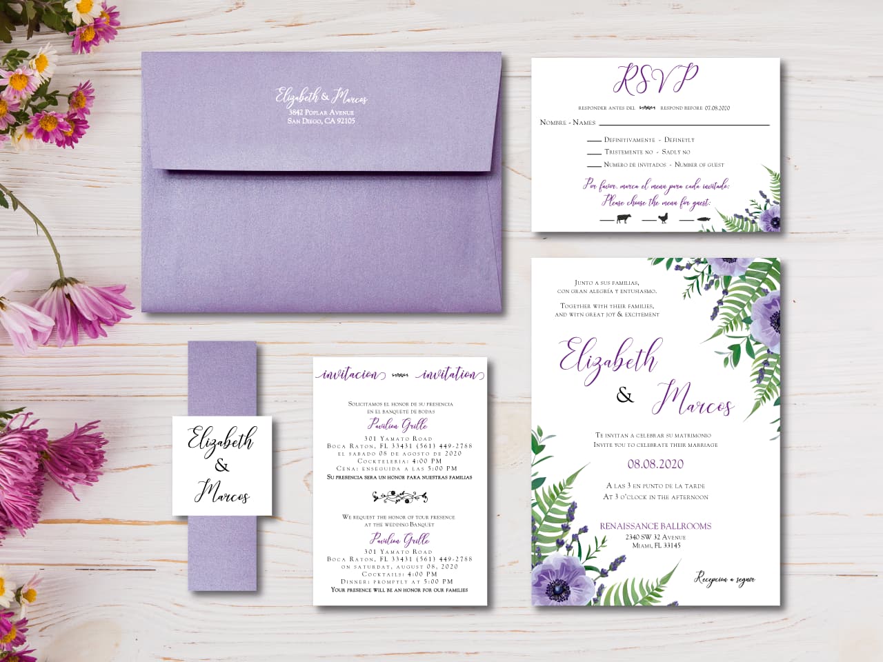 Violet Petunia Spanish & English Elegant Wedding Invitation