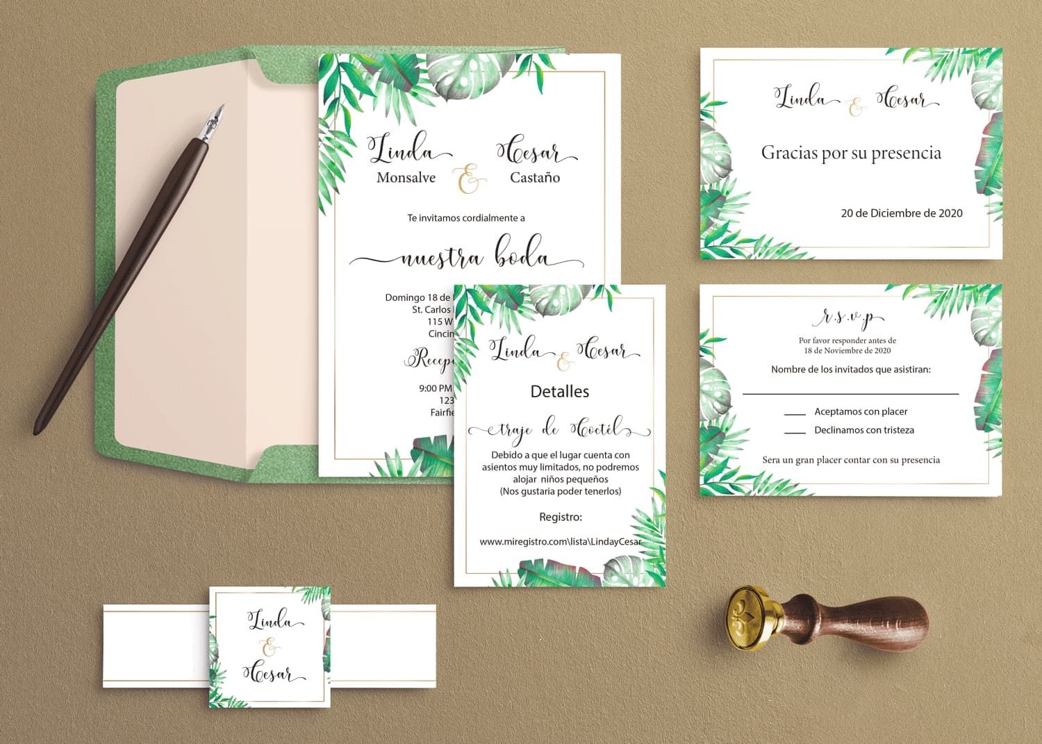 Tropical Green Leaves Spanish & English Elegant Wedding Invitation