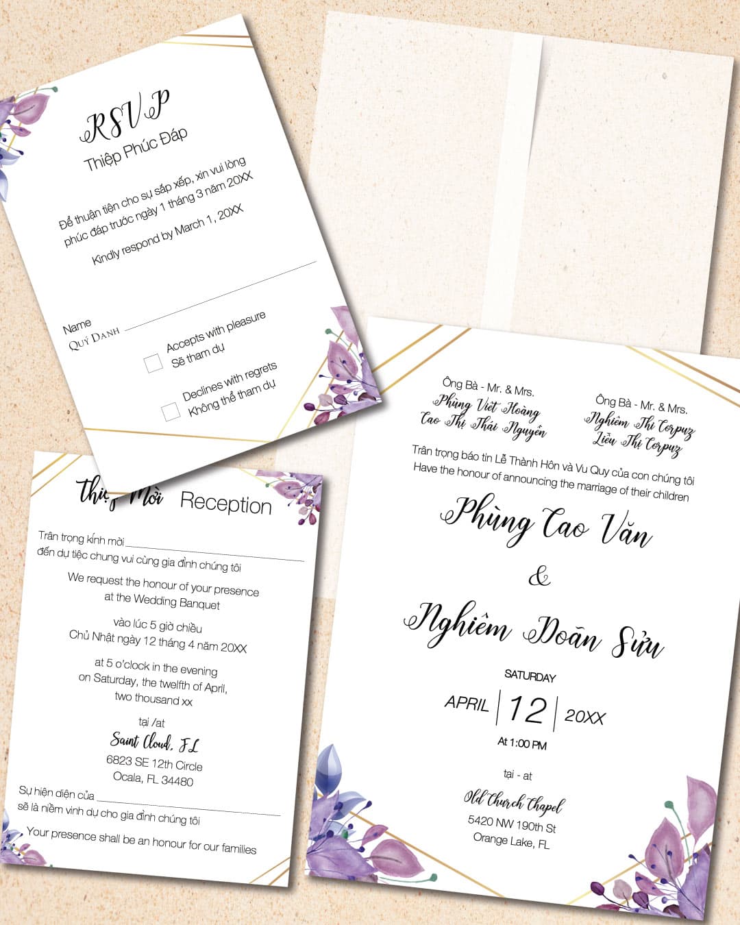Violet Leaves Vellum Wrapped Vietnamese & English Wedding Invitation