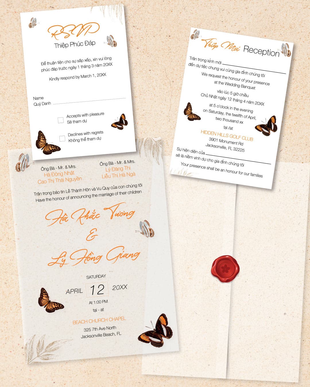 Invitation Butterflies Vellum Wrapped Vietnamese & English Wedding Invitation