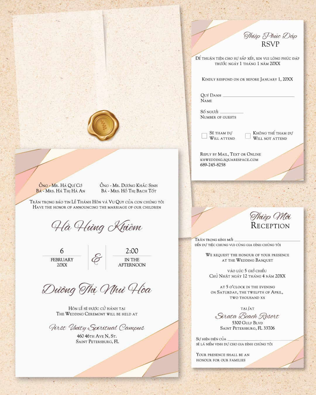 Pastel Colors Invitation Vellum Wrapped Vietnamese & English Wedding Invitation