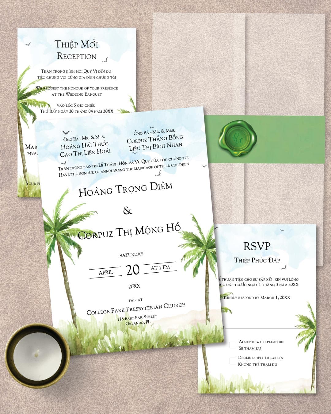 Watercolor Palm Trees Vellum Wrapped Vietnamese & English Wedding Invitation