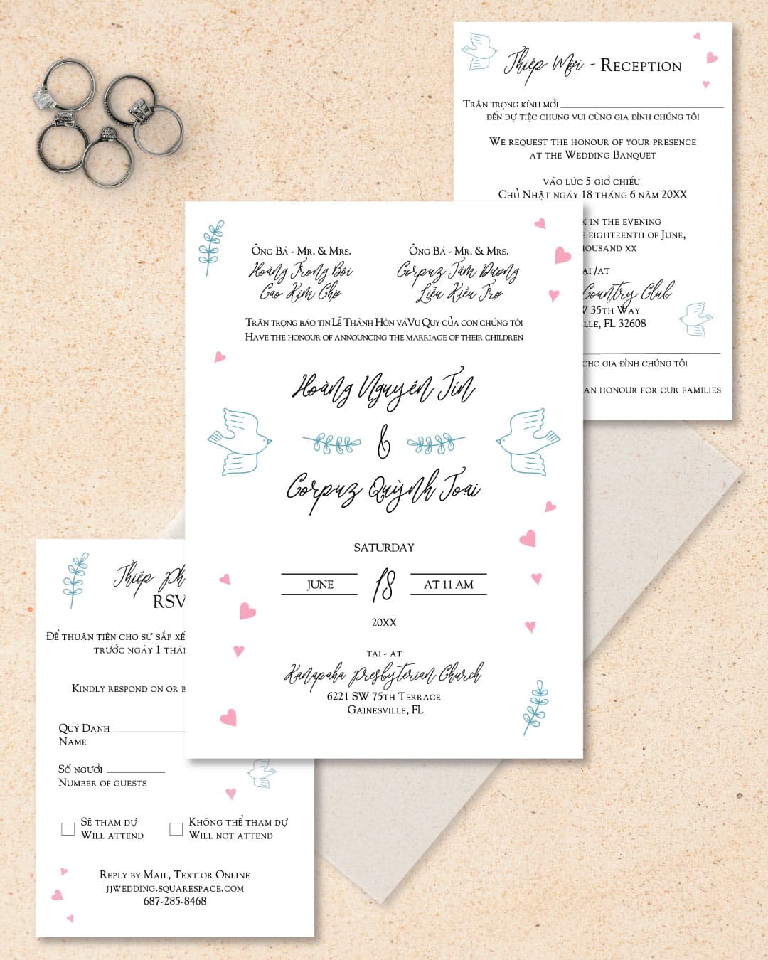 Beautiful Doves Vellum Wrapped Vietnamese & English Wedding Invitation