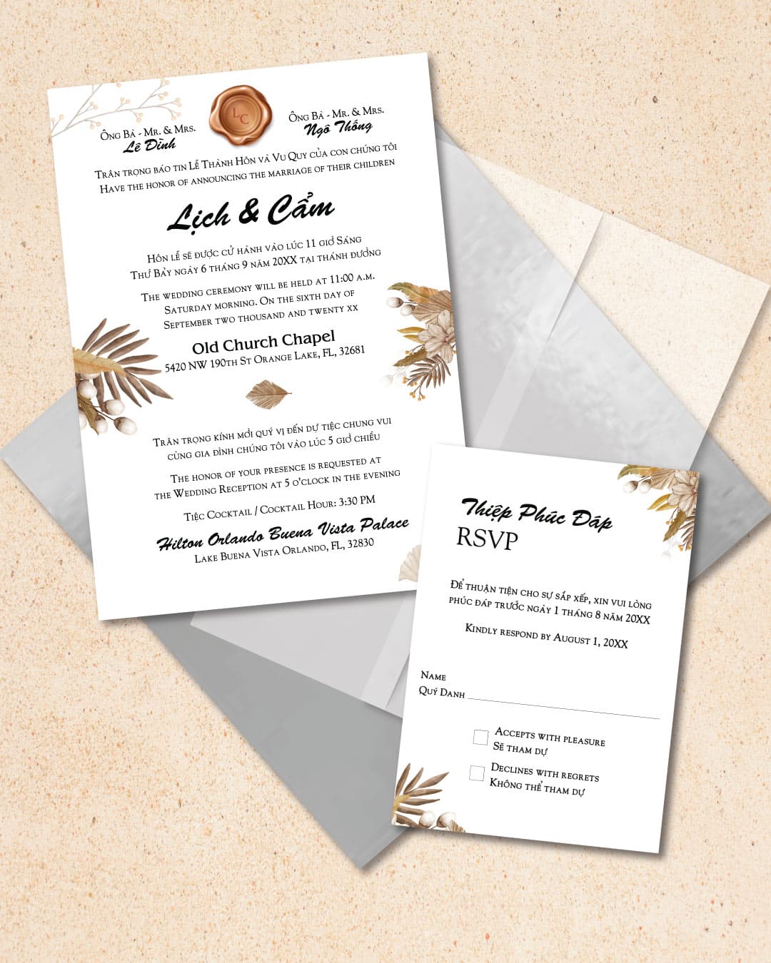 Boho Brown Branches Vellum Wrapped Vietnamese & English Wedding Invitation