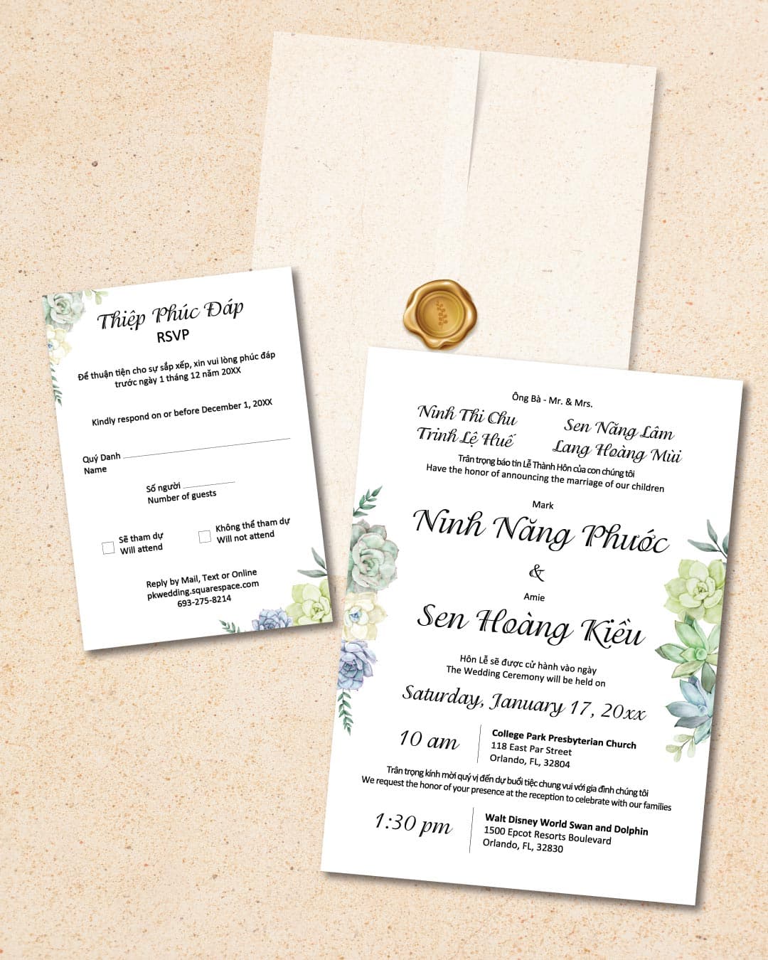 Beautiful Succulents Vellum Wrapped Vietnamese & English Wedding Invitation