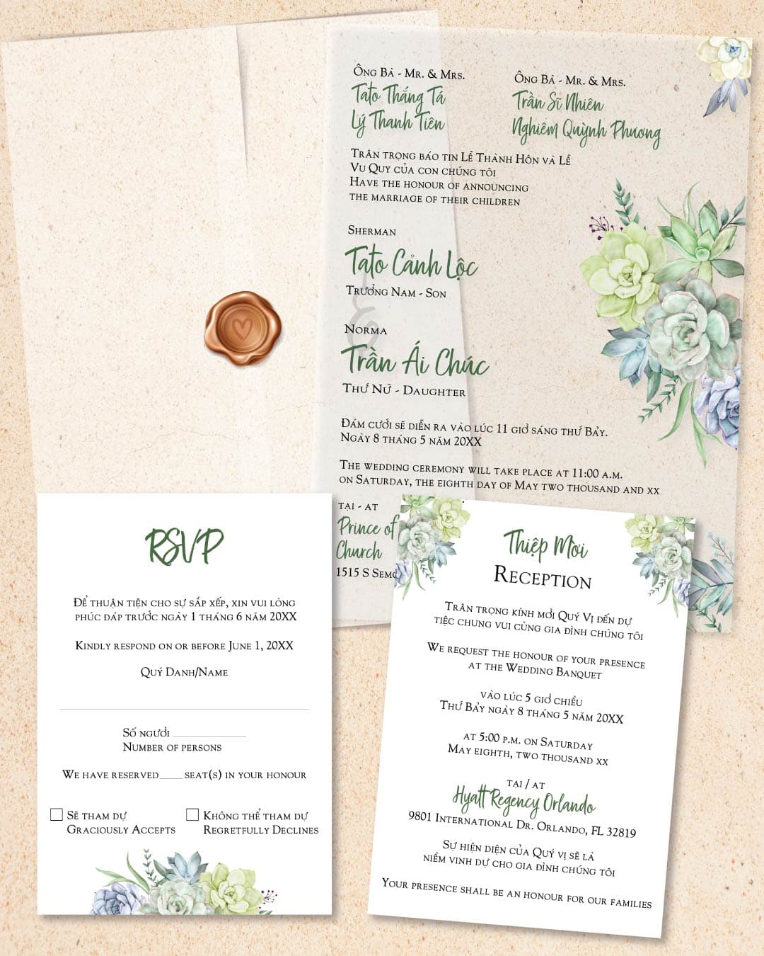 Beautiful Aquatic Flower Vellum Wrapped Vietnamese & English Wedding Invitation
