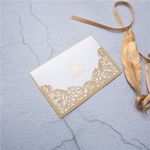 CL-PF-57 MMM White Peacock Feather Pocket Laser Cut Wedding Invitation