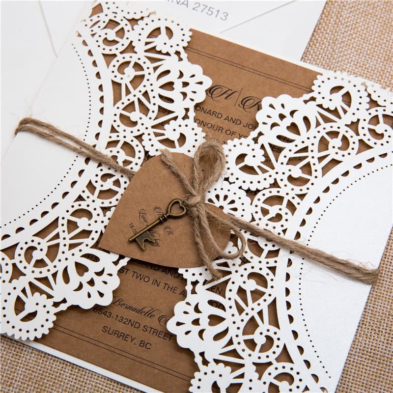 CL-WRAP-66 NMM White Leaves and Vines Laser Cut Wedding Invitation