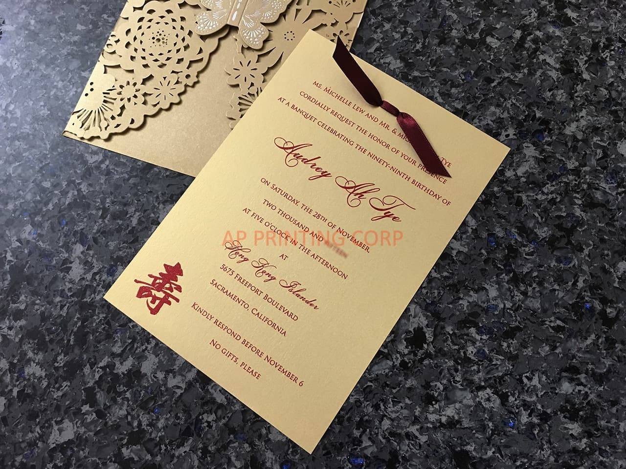 Gold Flowers & Butterfly Wrap Laser Cut Wedding Invitation
