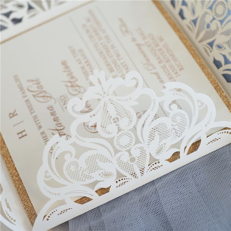 CL-PF-57 M-M White Heart Flourish Pocket Laser Cut Wedding Invitation