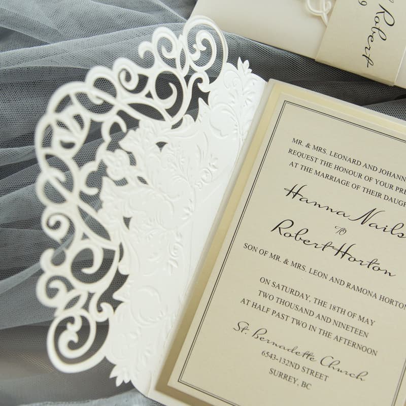 Gold Heart Flourish Pocket Laser Cut Vietnamese & English Wedding Invitation