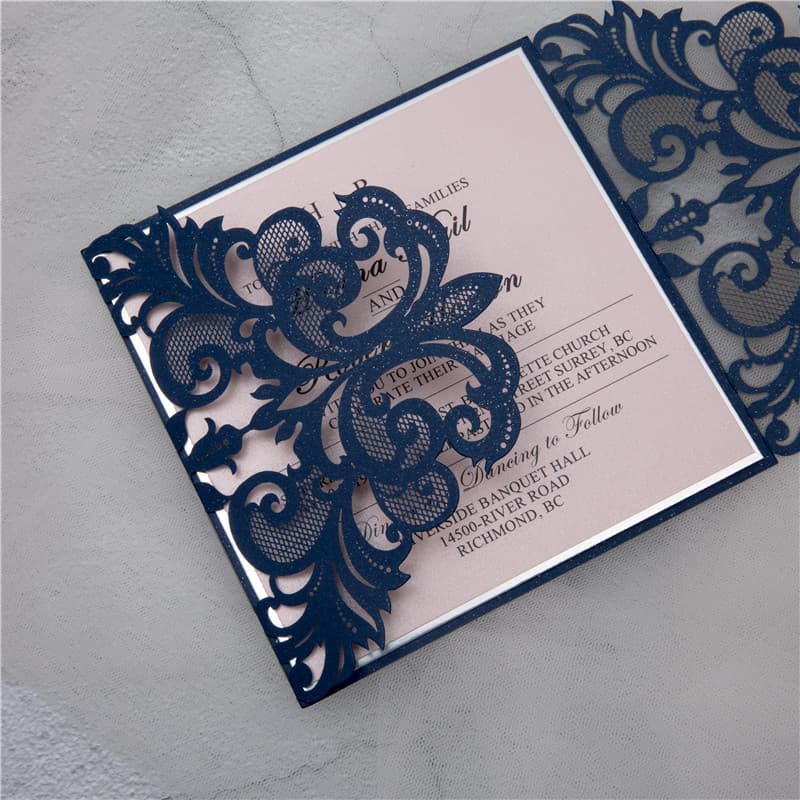 Metallic Gold Laser Cut Pocket with Ribbon Wedding Invitation