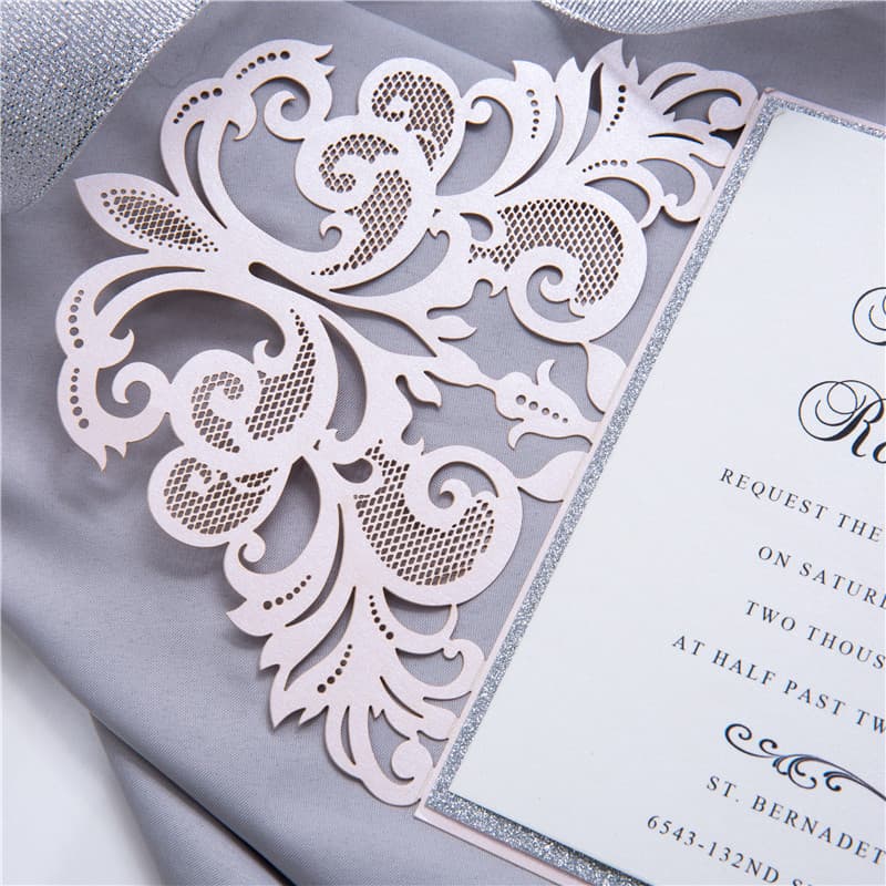 Silver Lace Glittery Laser Cut Wrap Wedding Invitation