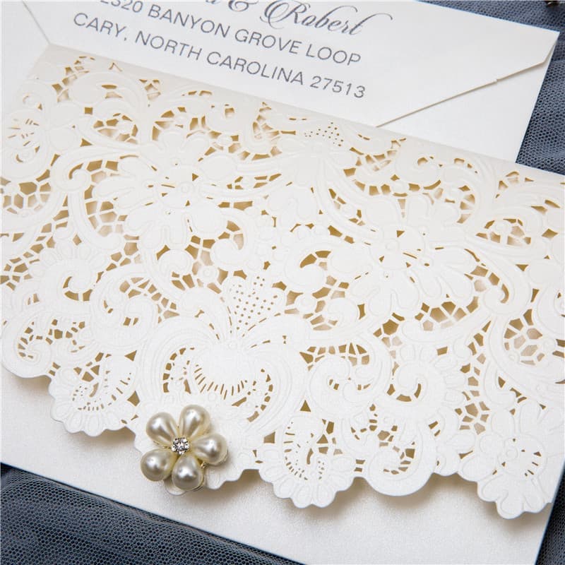 White Heart Diamond Drop Laser Cut Wedding Invitation