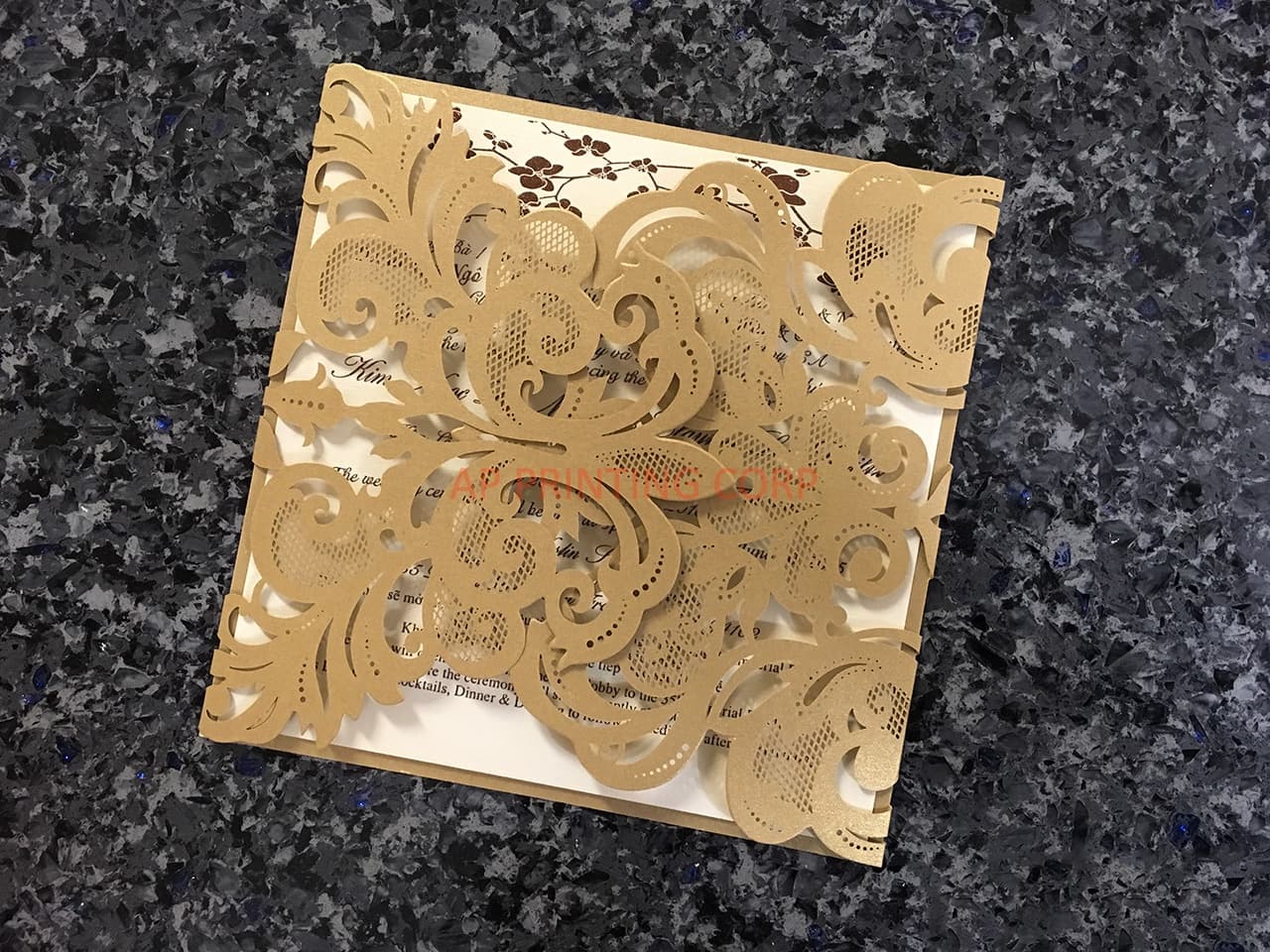 Blush Laser Cut Envelope with Glittery Border Wedding Invitation