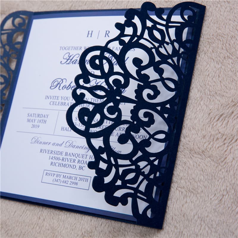 CL-PF-57 M-M Gold Heart Diamond Drop Laser Cut Wedding Invitation