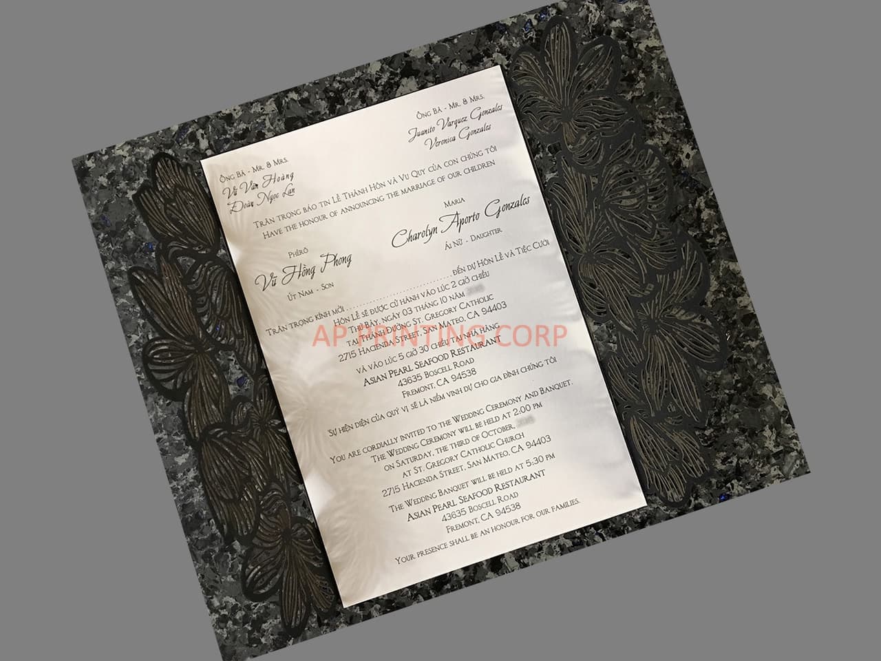 CL-PF-57 M-M Gold Heart Diamond Drop Laser Cut Wedding Invitation