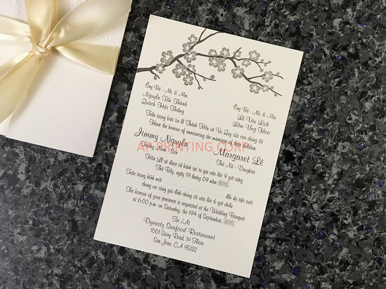 CL-WRAP-57 N-N White Embossed Peony Vietnamese & English Wedding Invitation