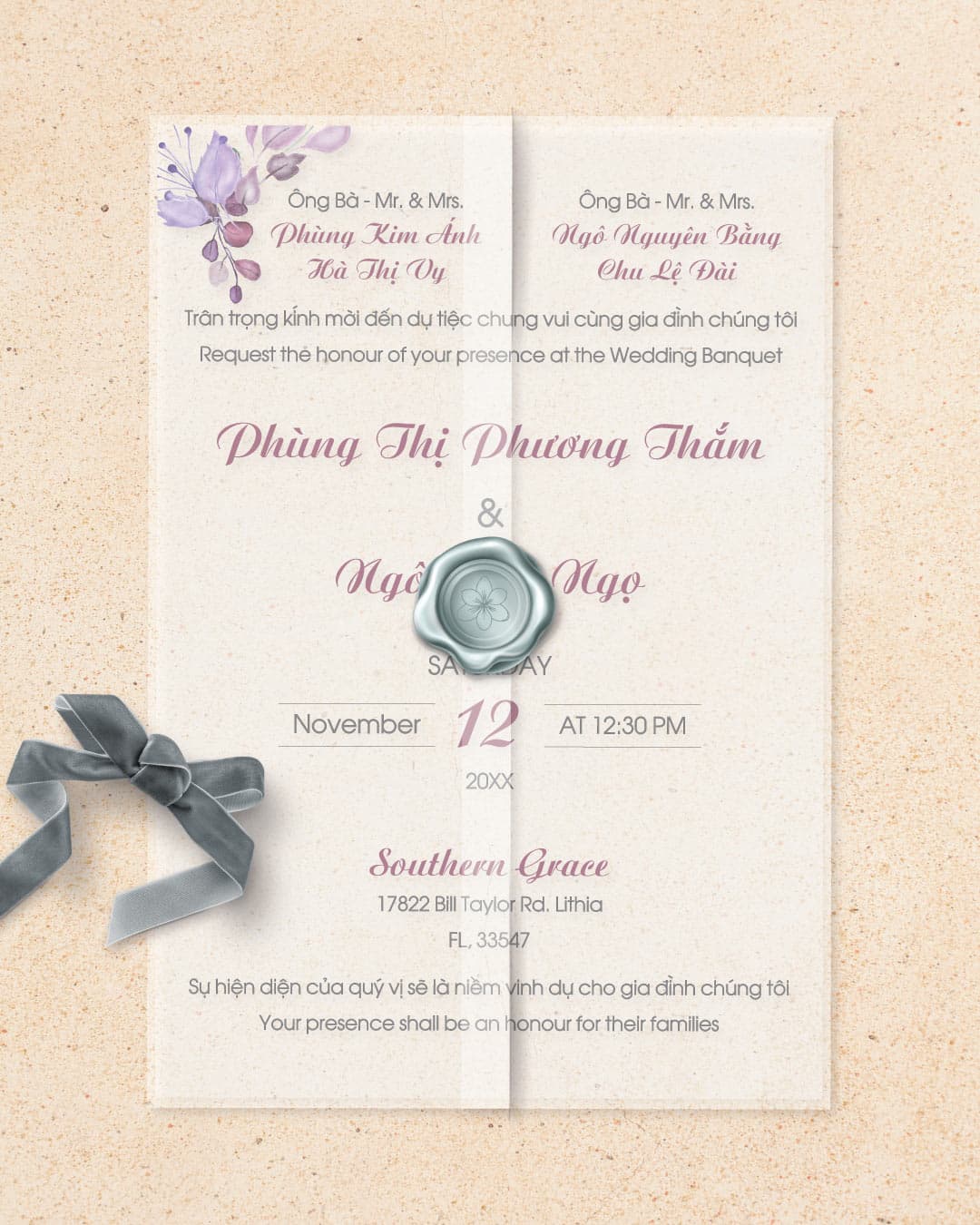 Purple Text and Leaves Vellum Wrapped Vietnamese & English Wedding Invitation