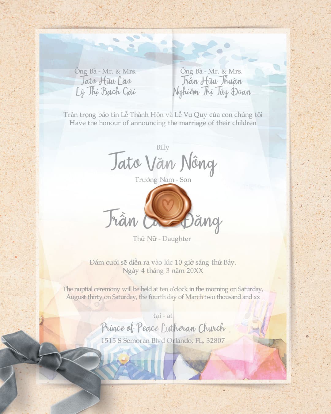 Summer Umbrellas Vellum Wrapped Vietnamese & English Wedding Invitation
