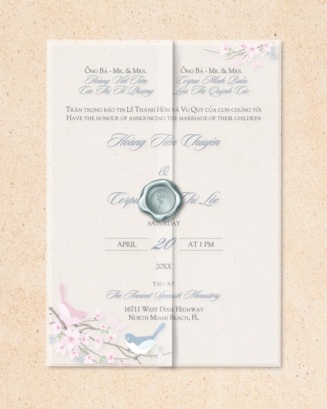 Invitation Birds Vellum Wrapped Vietnamese & English Wedding Invitation