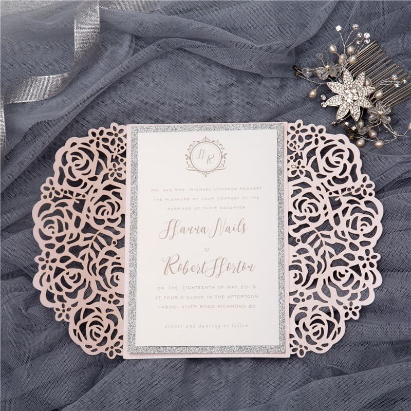 Gorgeous Lace Glittery Laser Cut Wedding Invitation