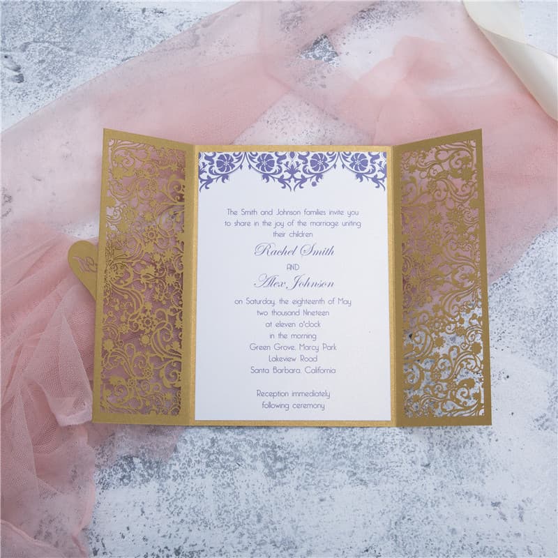 Silver Floral Tri-Fold Laser Cut Pocket Wedding Invitation