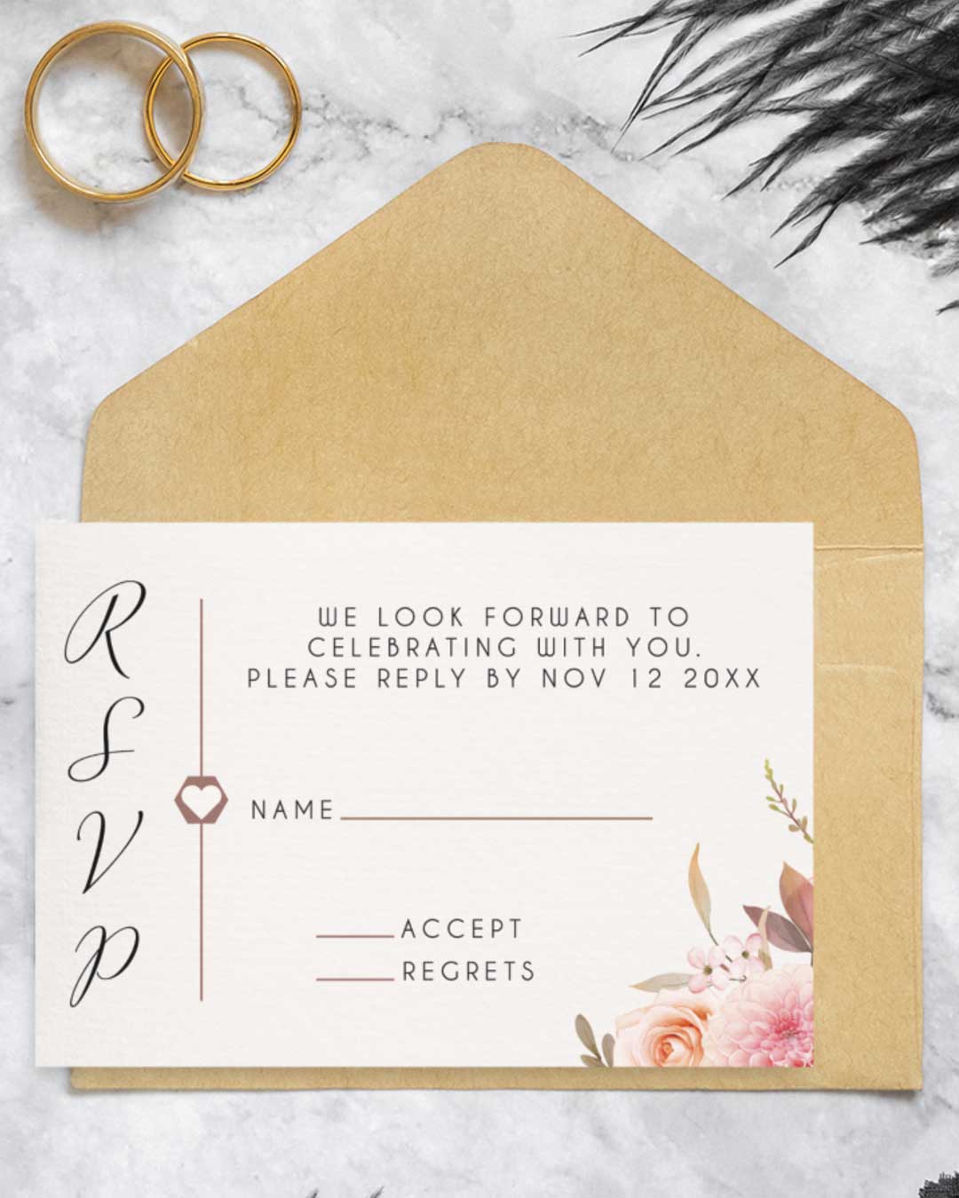 Gentle Pink Bouquet Simple Flat 5x7 Wedding Invitation