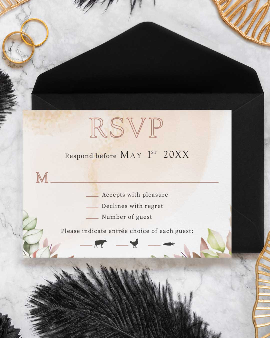 Elegant Brown Leaves Simple Flat 5x7 Wedding Invitation