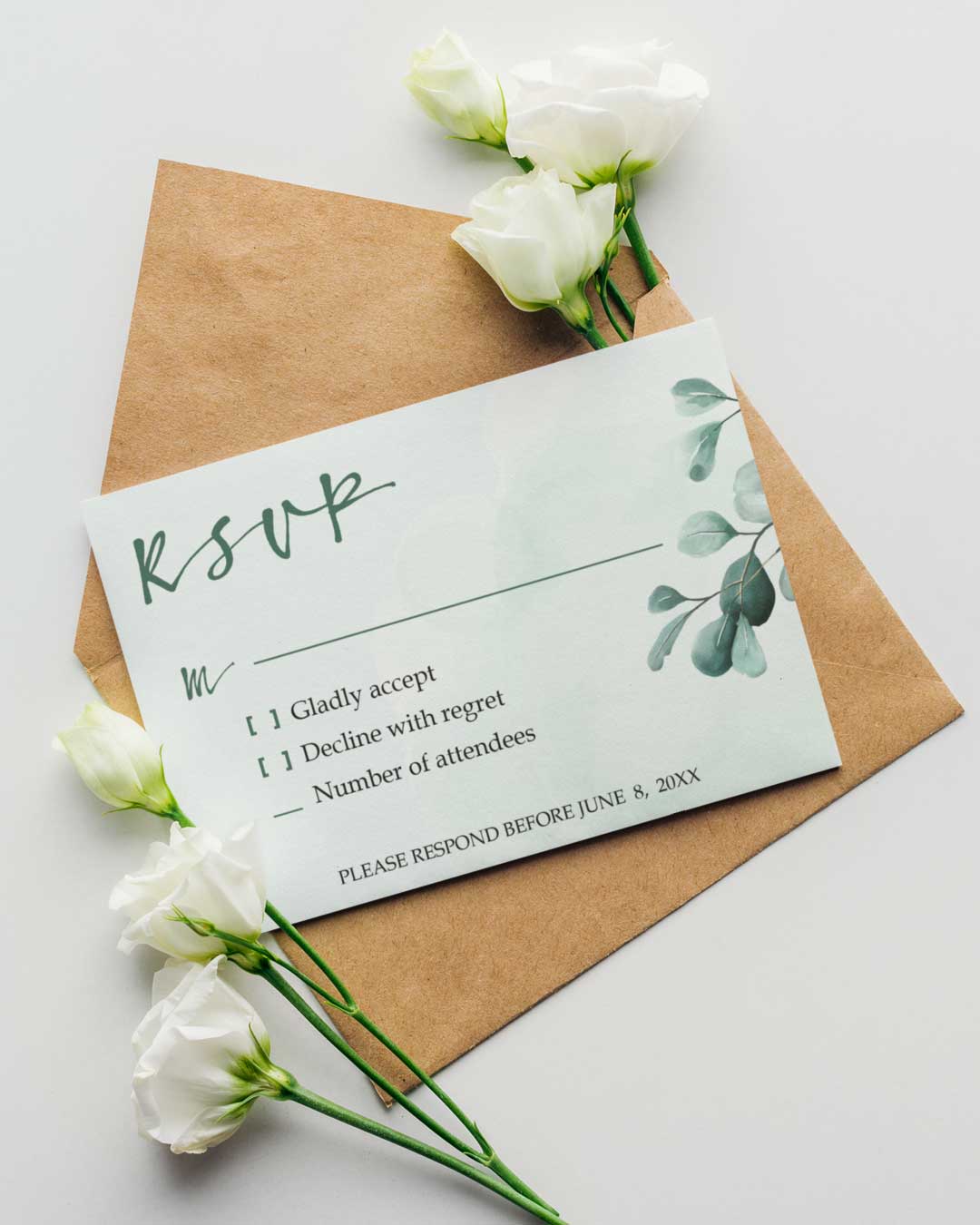 Elegant Green Leaves Simple Flat 5x7 Wedding Invitation
