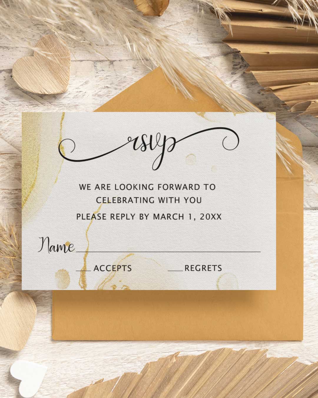 Gold Streaked Sandy Simple Flat 5x7 Wedding Invitation