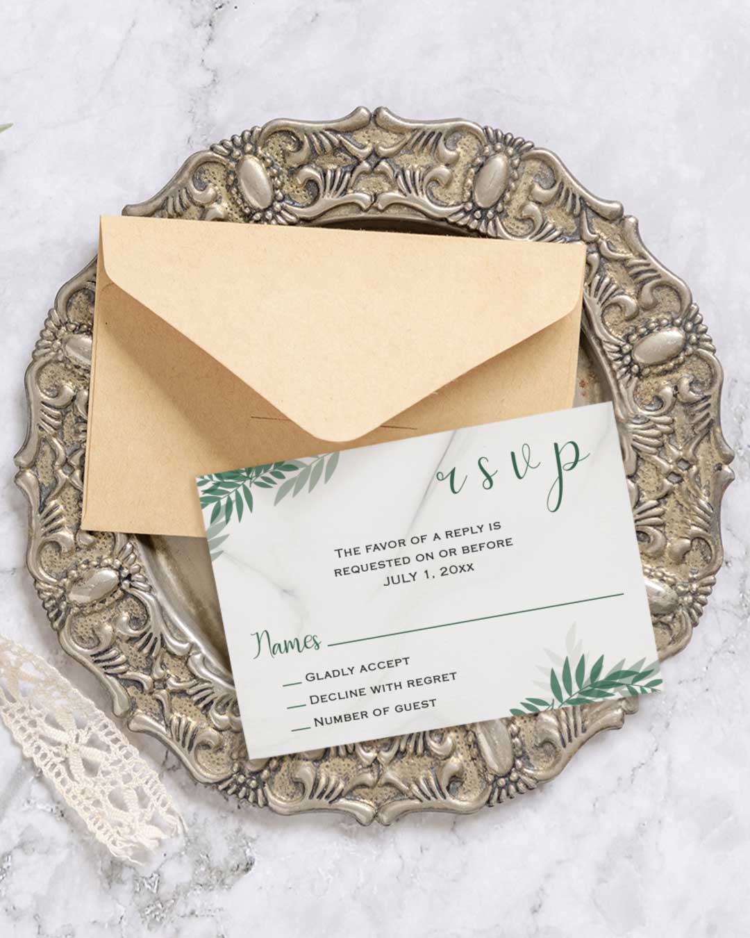 Green Tropical Leaves Simple Flat 5x7 Wedding Invitation