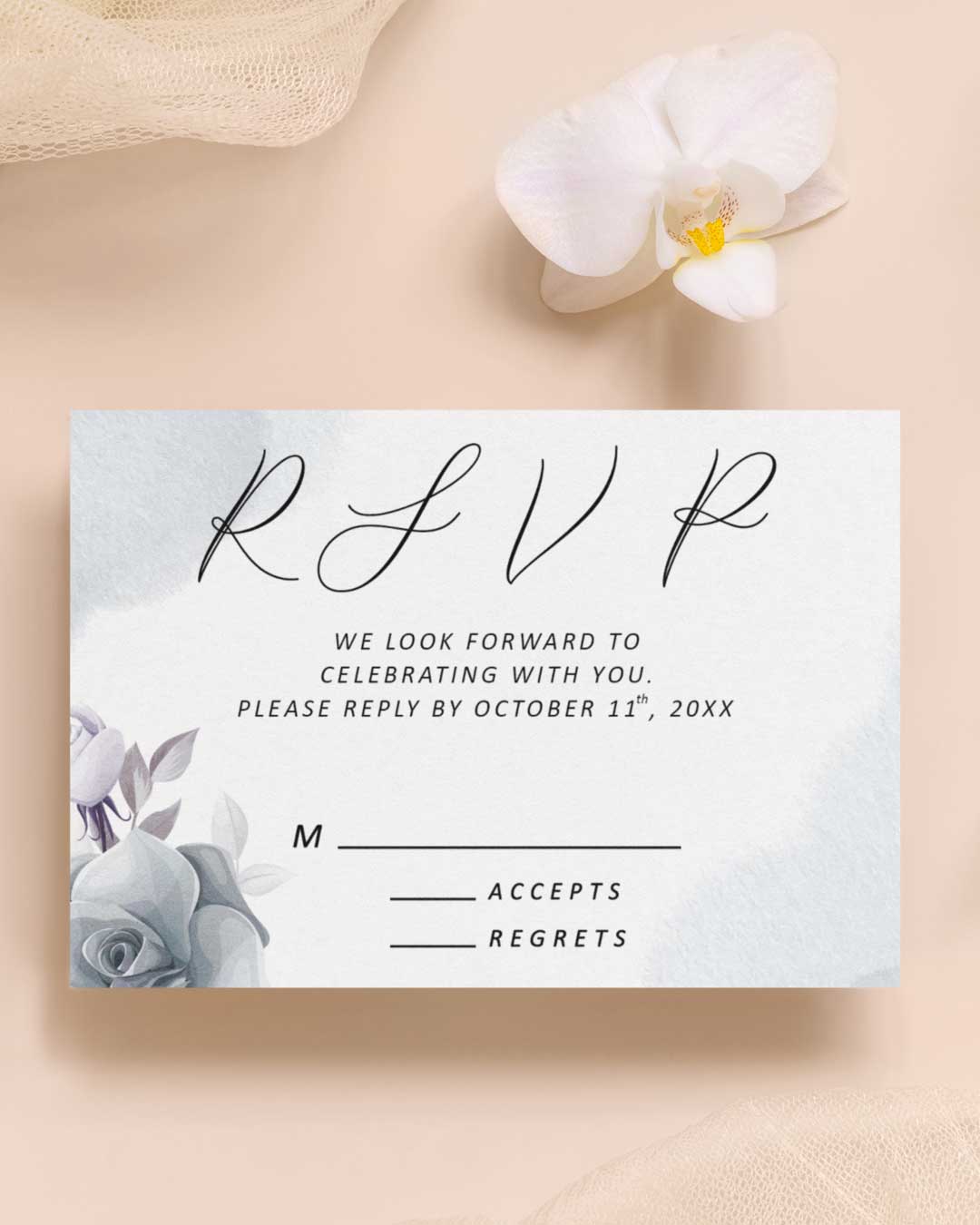 Ashen Gray Flowers Simple Flat 5x7 Wedding Invitation