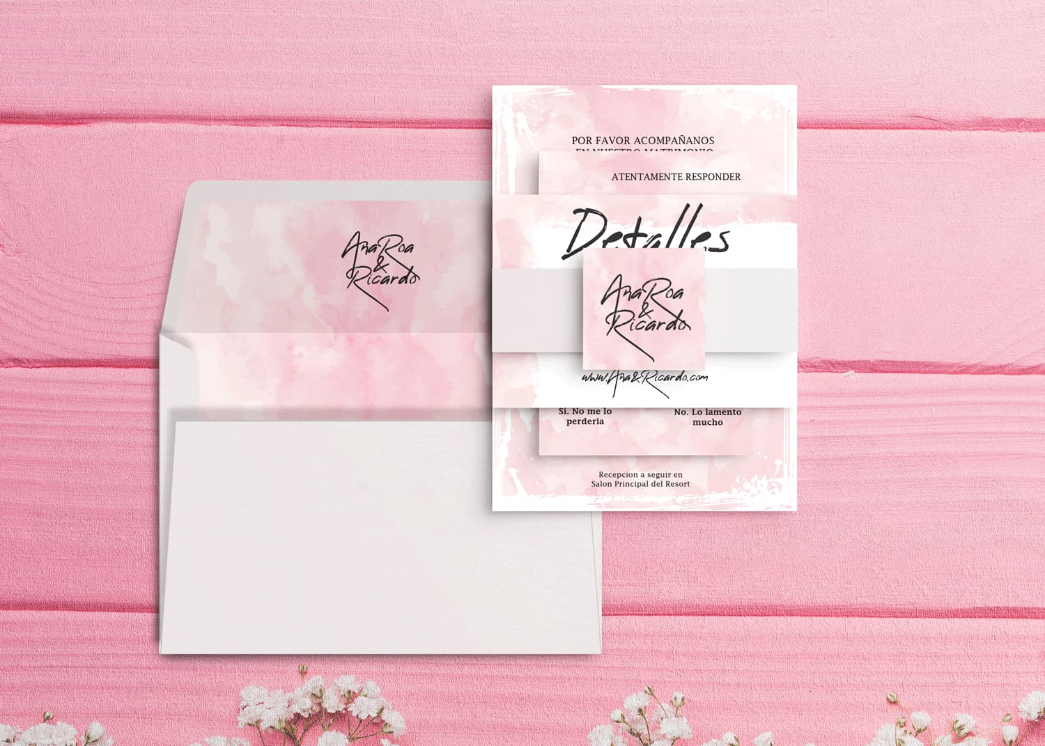 Blush Pink Strokes Spanish & English Elegant Wedding Invitation