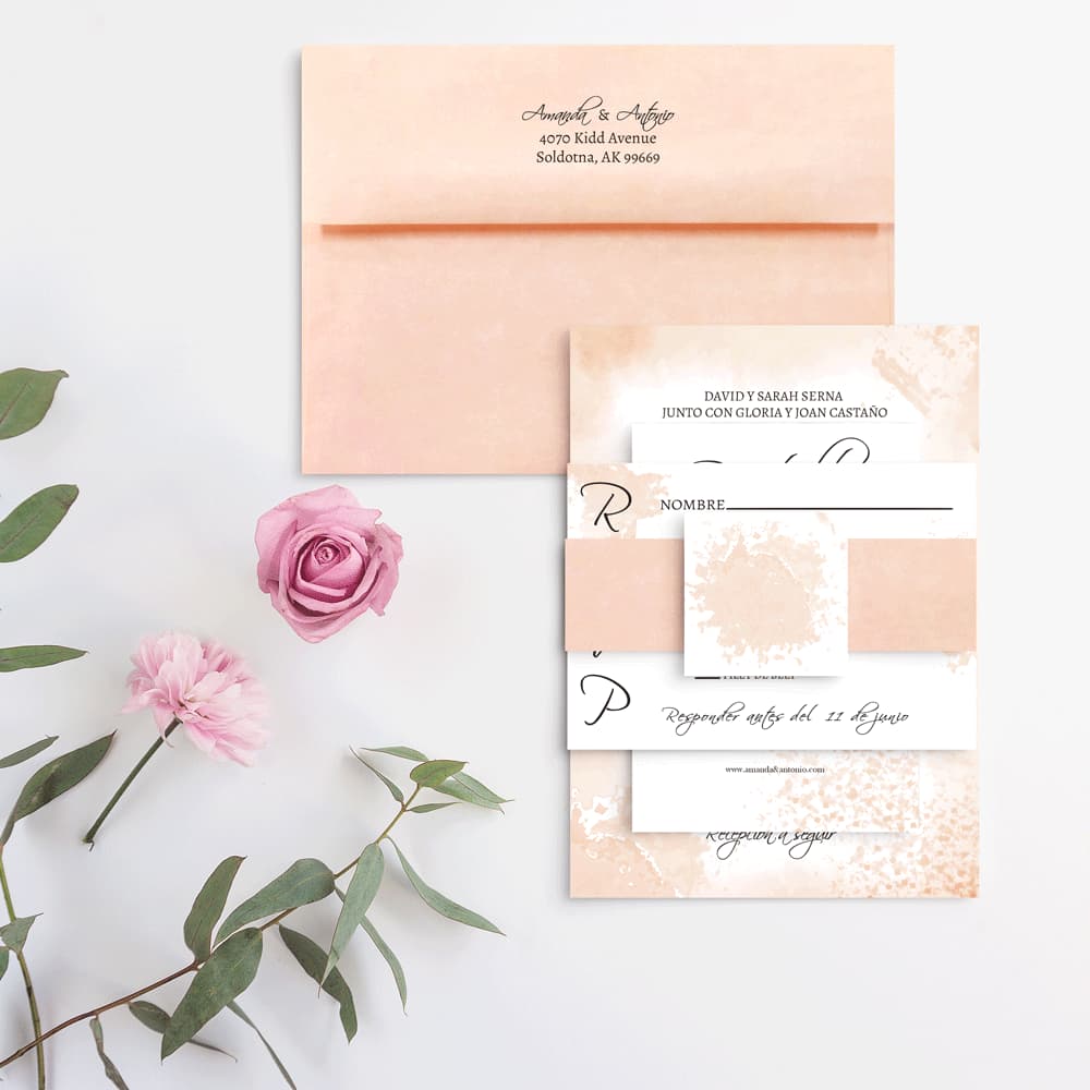 Coral Peach Strokes Spanish & English Elegant Wedding Invitation