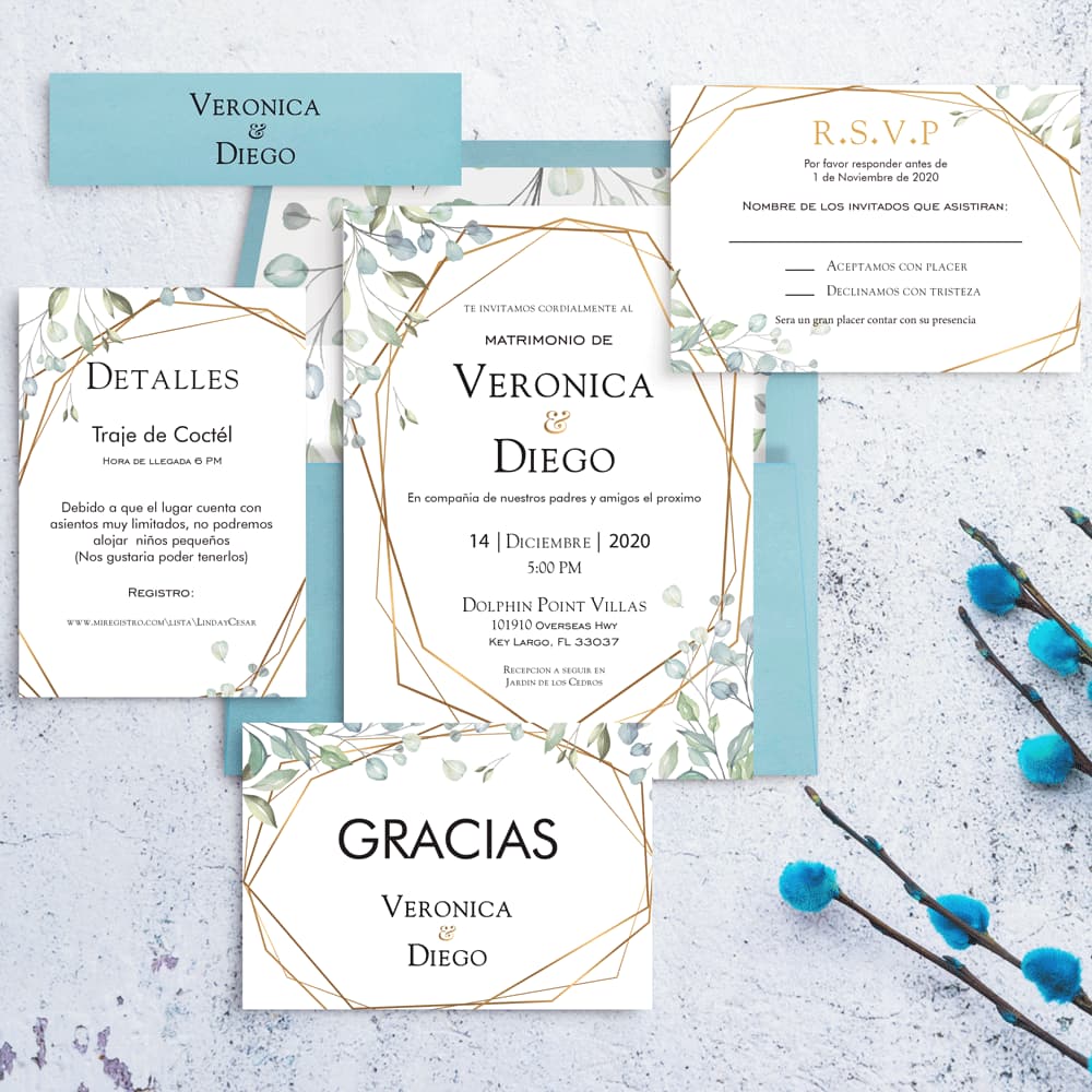 Gold Geometric Spanish & English Elegant Wedding Invitation