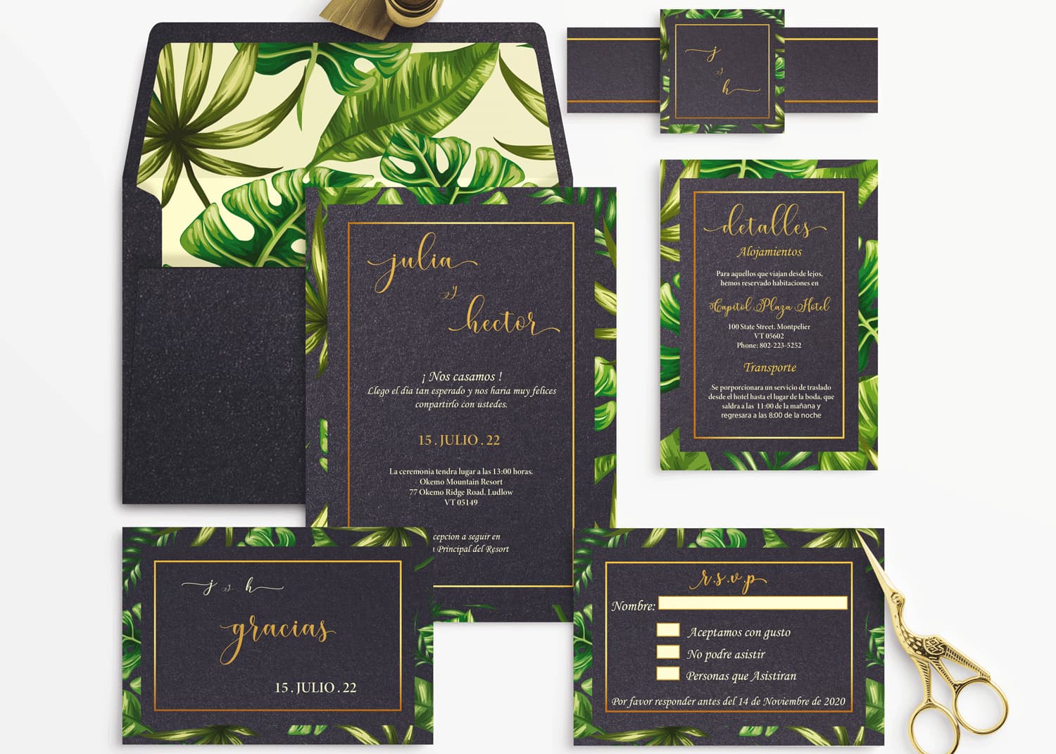 Monstera Leaf with Gold Border Spanish & English Elegant Wedding Invitation