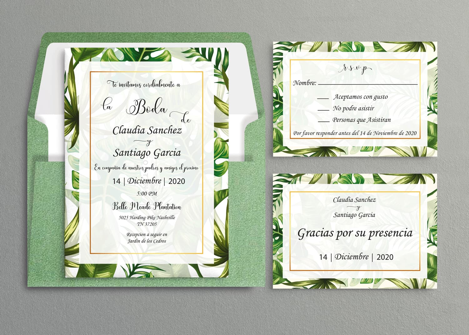Tropical Calligraphy Spanish & English Elegant Wedding Invitation