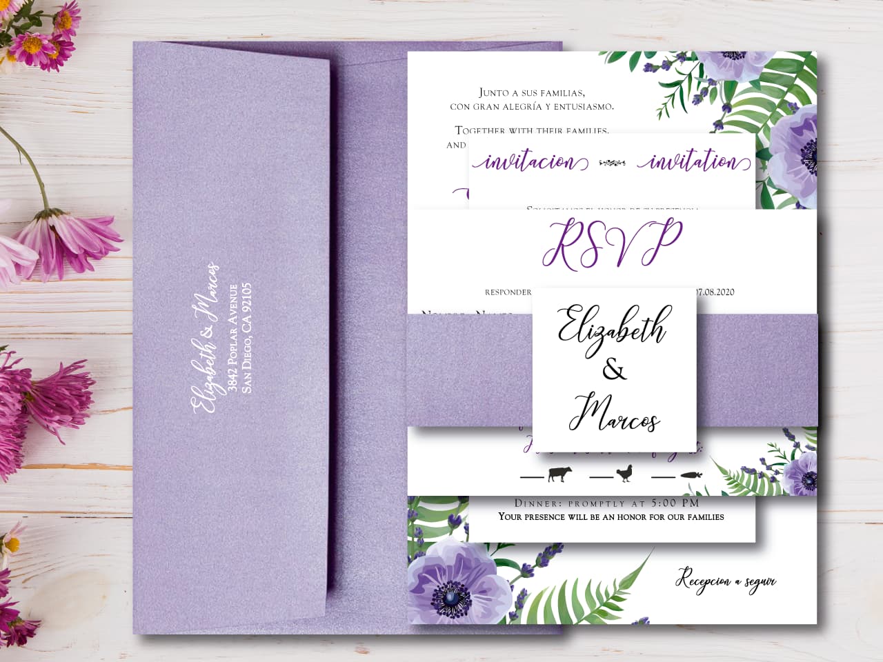 Violet Petunia Spanish & English Elegant Wedding Invitation