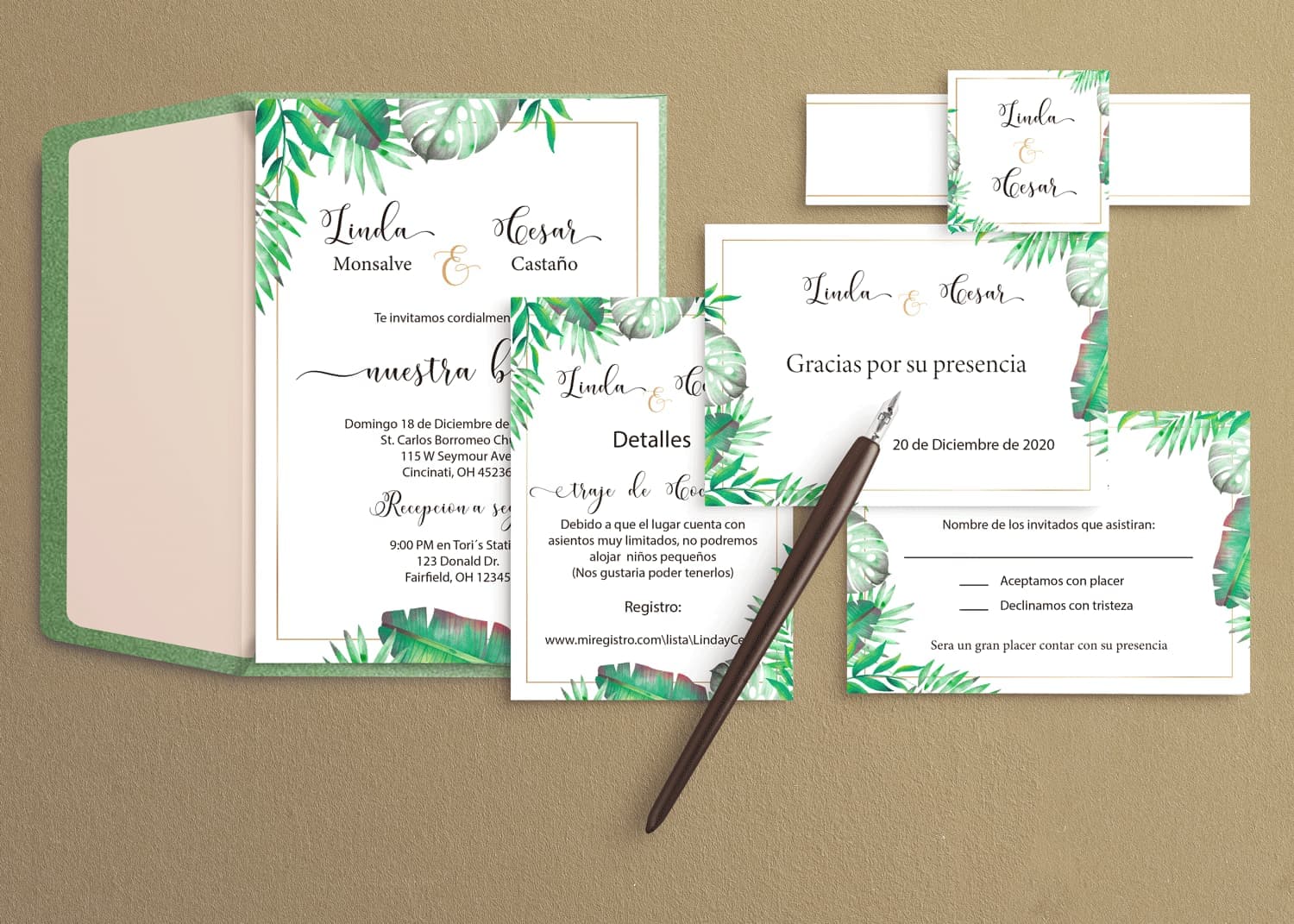 Tropical Green Leaves Spanish & English Elegant Wedding Invitation