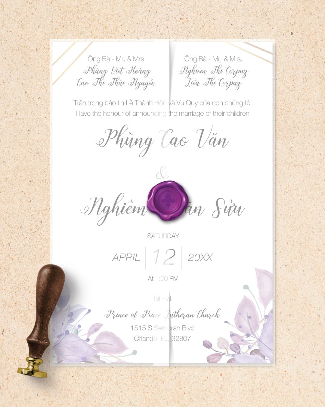 Violet Leaves Vellum Wrapped Vietnamese & English Wedding Invitation