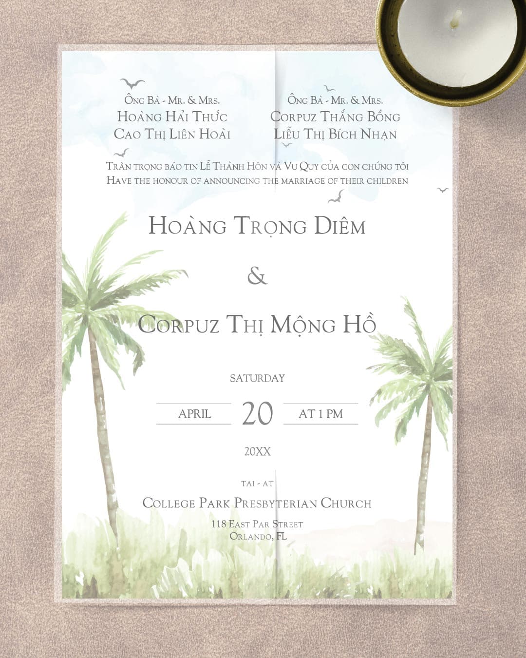 Watercolor Palm Trees Vellum Wrapped Vietnamese & English Wedding Invitation