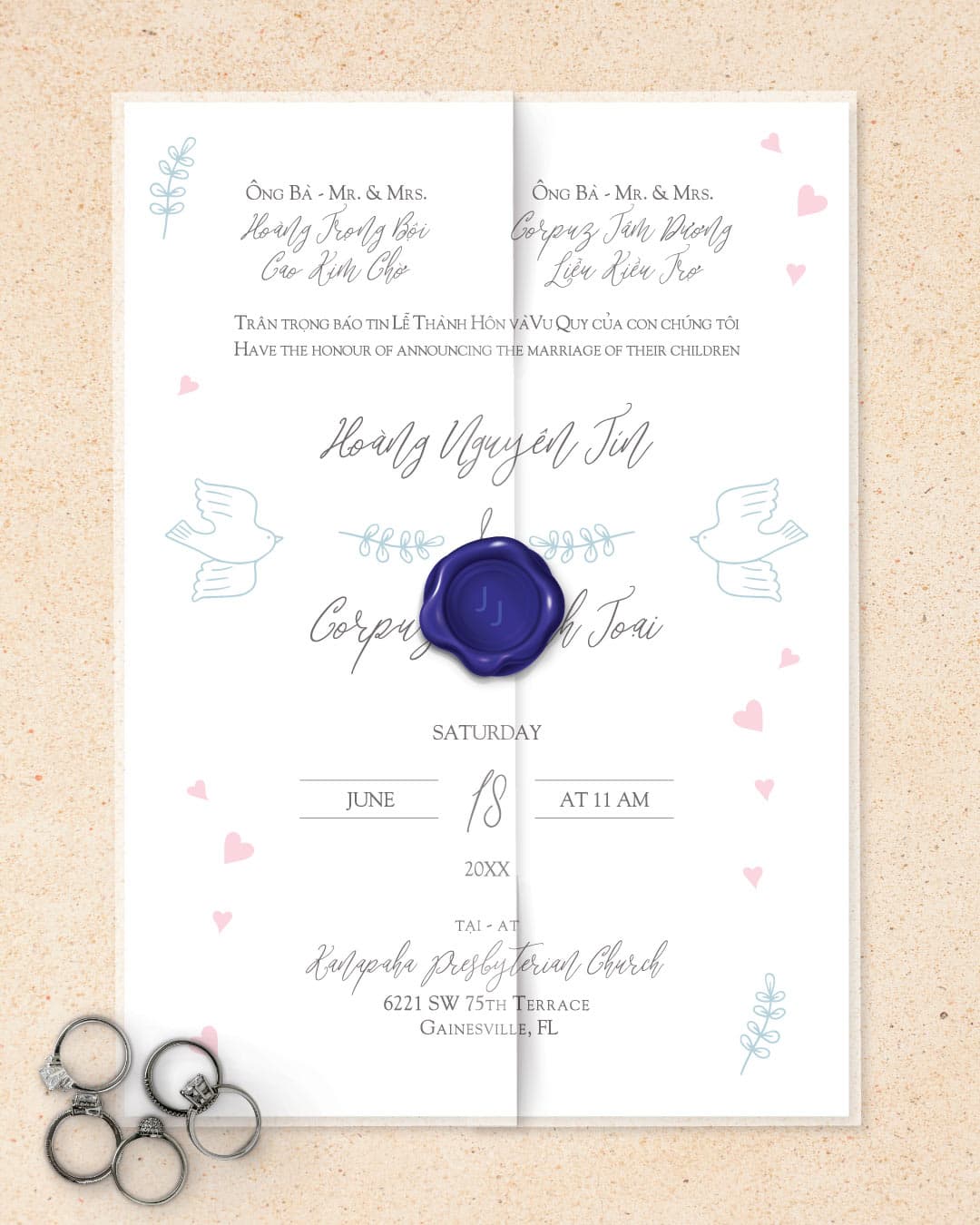 Beautiful Doves Vellum Wrapped Vietnamese & English Wedding Invitation