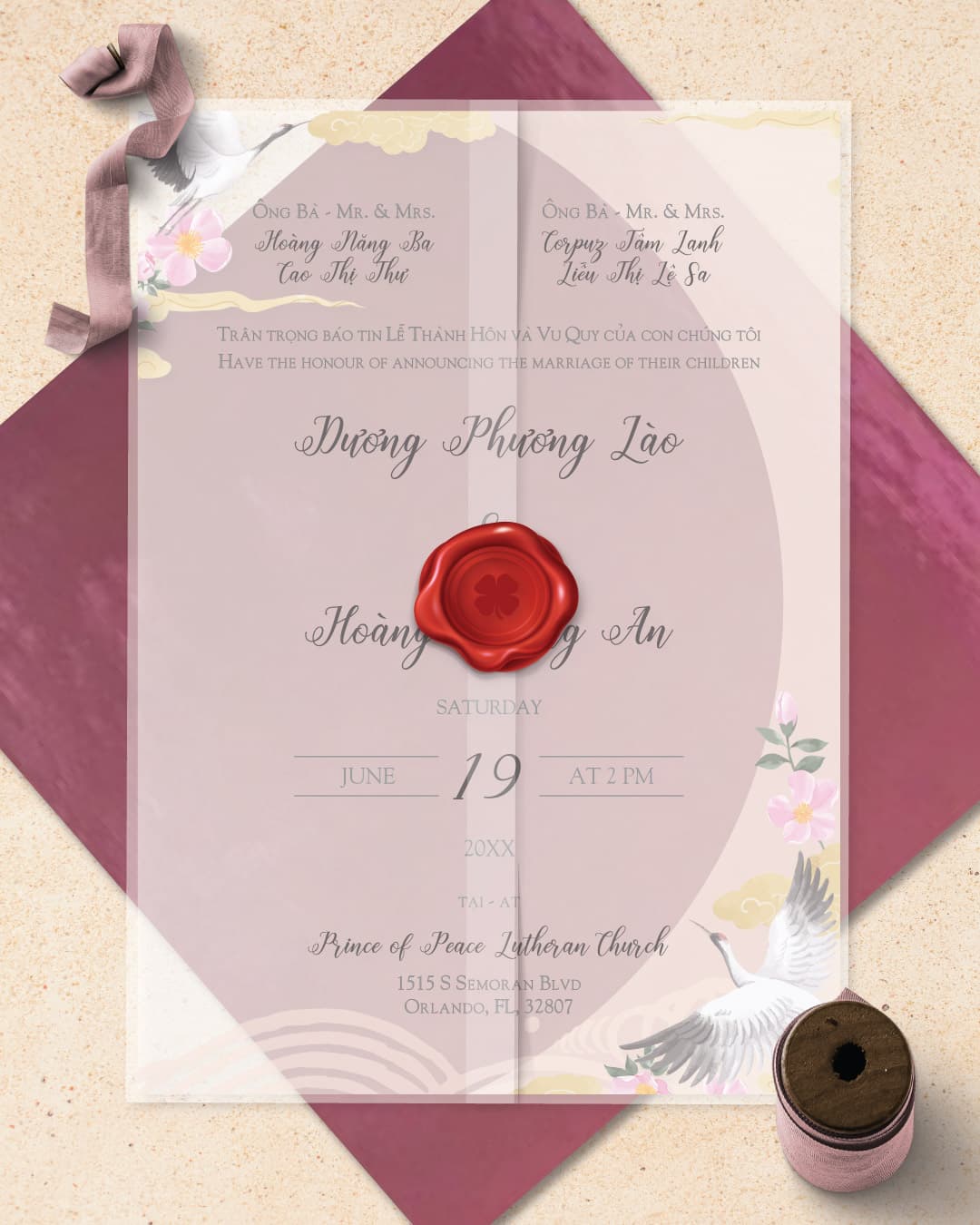 Vellum Wrapped Vietnamese & English Wedding Invitation