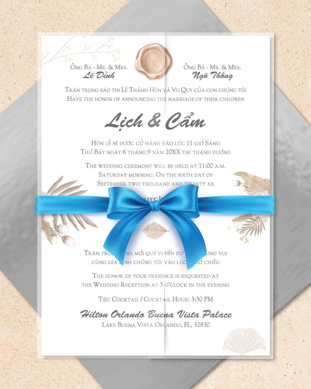 Boho Brown Branches Vellum Wrapped Vietnamese & English Wedding Invitation