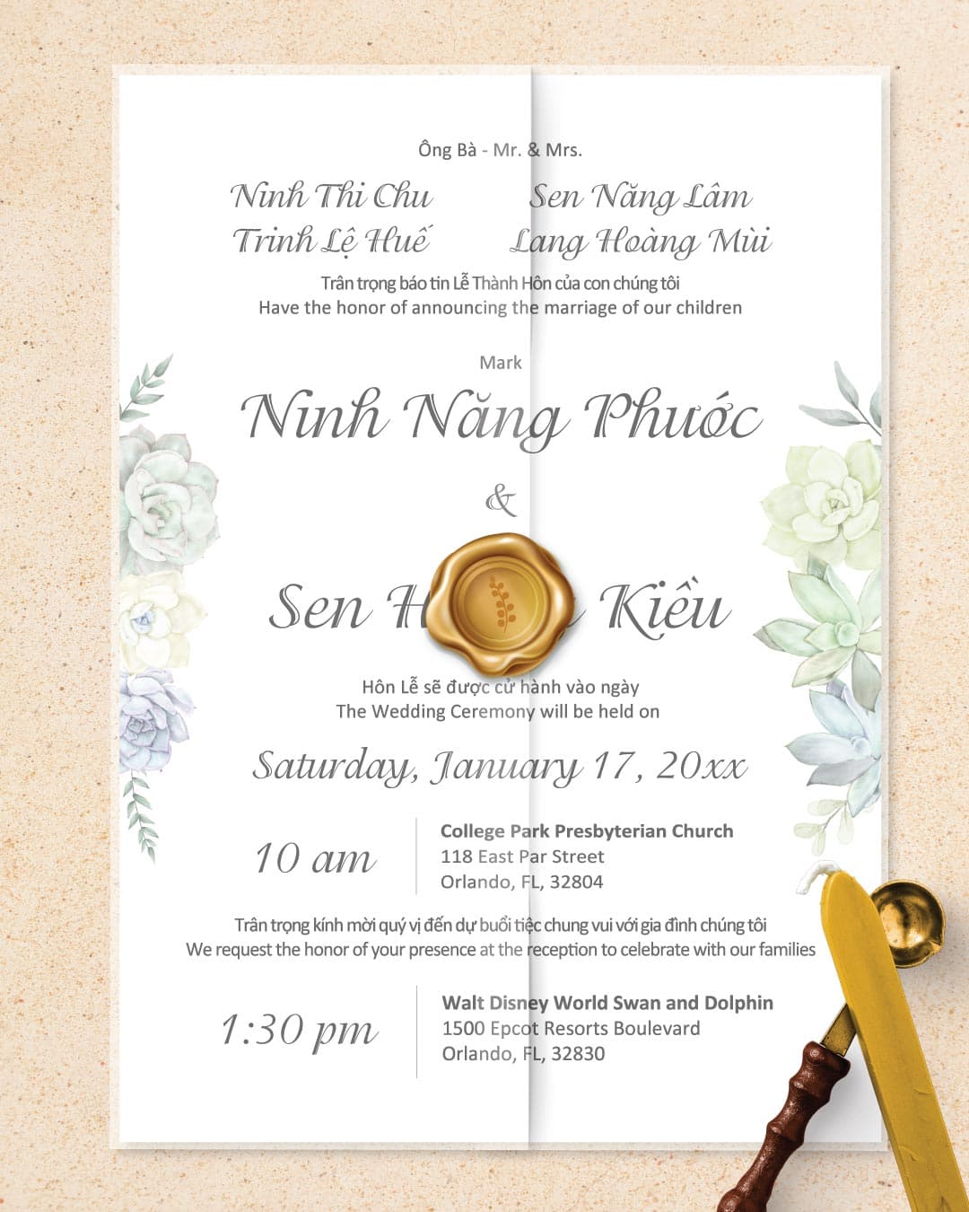 Beautiful Succulents Vellum Wrapped Vietnamese & English Wedding Invitation