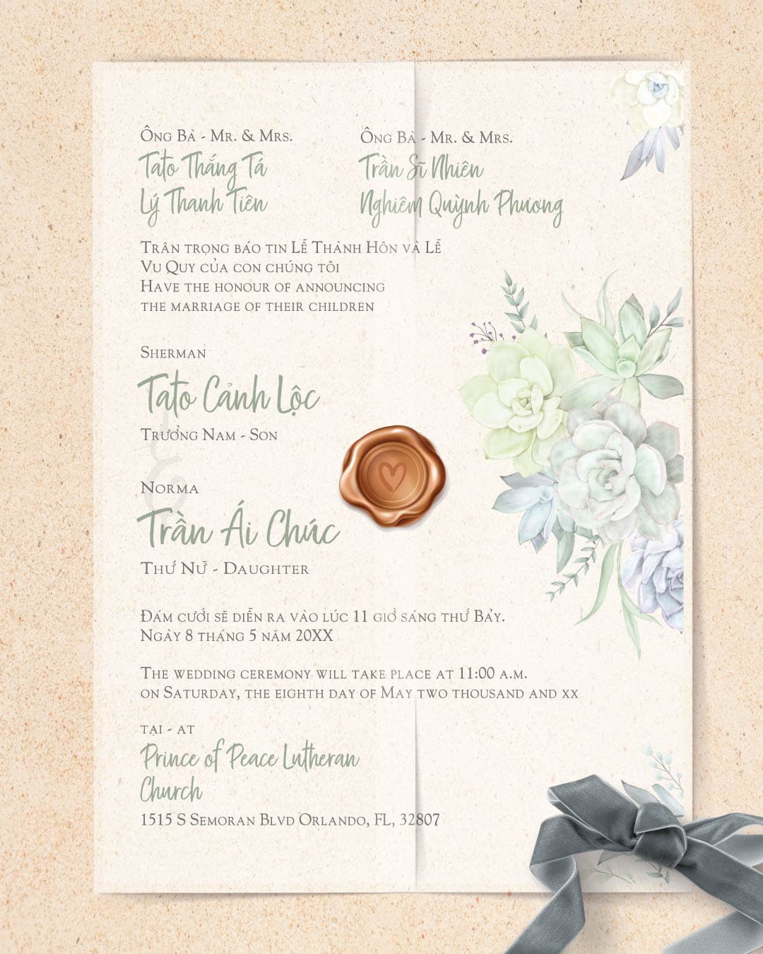 Beautiful Aquatic Flower Vellum Wrapped Vietnamese & English Wedding Invitation
