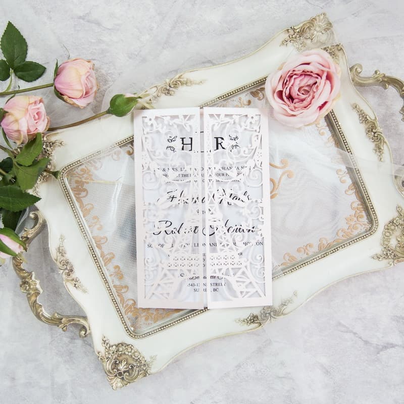 CL-SLIDER-57 M-N White Lotus with Ribbon Laser Cut Wedding Invitation